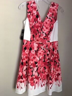 New York & Company Pink, Red & Black Floral Fit-and-Flare Dress